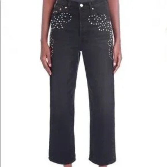 Levis Ribcage Straight Leg Embelliished Bejewelled High Rise Black Jeans Size 28 - Picture 14 of 15